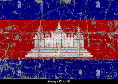 Grunge Cambogia bandiera sul vecchio graffiato la superficie di legno. Nazionale sfondo vintage. Foto Stock
