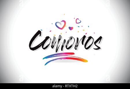 Comore Benvenuti alla parola del testo con amore i cuori e creativi font manoscritta Design illustrazione vettoriale. Illustrazione Vettoriale