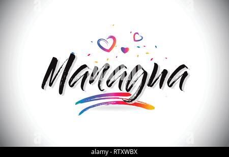 Managua Benvenuti alla parola del testo con amore i cuori e creativi font manoscritta Design illustrazione vettoriale. Illustrazione Vettoriale