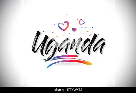 Uganda Benvenuti alla parola del testo con amore i cuori e creativi font manoscritta Design illustrazione vettoriale. Illustrazione Vettoriale