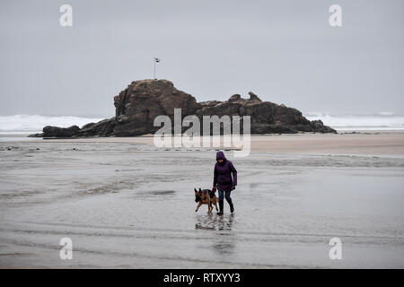 Un dog walker sulla spiaggia a Perranporth, Cornwall, come tempesta Freya approcci e è impostato per portare i forti venti fino a 80mph, condizioni pericolose e interruzioni di viaggio in Inghilterra e Galles di domenica. Foto Stock