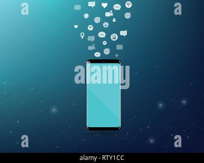 La tecnologia dello smartphone digitale il concetto di rete di comunicazione con icone blu scuro vettore di fondo Illustrazione Vettoriale