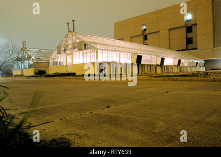 Serre sul campus della Texas A&M University di notte su un vago sera; glow di una serra di notte; College Station, Texas, Stati Uniti d'America. Foto Stock