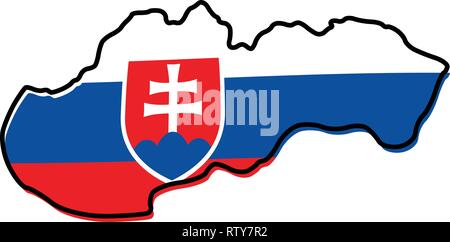 Mappa semplificata del contorno della Slovacchia, con leggermente piegate bandiera al di sotto di esso. Illustrazione Vettoriale