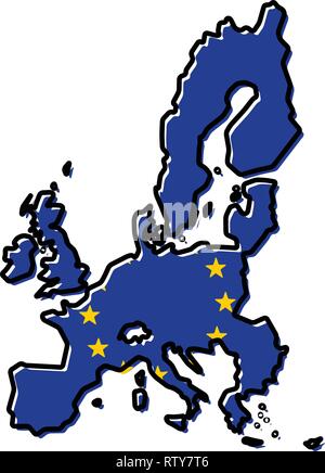 Mappa semplificata dell Unione Europea (paesi membri come di 2018) del contorno con leggermente piegate bandiera al di sotto di esso. Illustrazione Vettoriale
