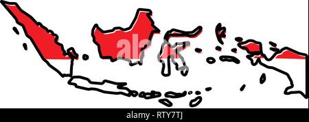 Mappa semplificata di Indonesia contorno, con leggermente piegate bandiera al di sotto di esso. Illustrazione Vettoriale