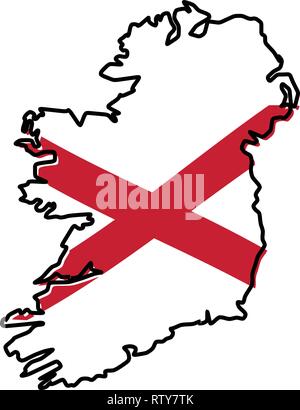 Mappa semplificata dell'Irlanda (intera isola, tra cui British parte settentrionale) del contorno con leggermente piegate St Patrick bandiera al di sotto di esso. Illustrazione Vettoriale