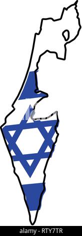 Lo stato di Israele (senza la Palestina; escludendo la striscia di Gaza e Cisgiordania) mappa semplificata del contorno con leggermente piegate bandiera al di sotto di esso. Illustrazione Vettoriale