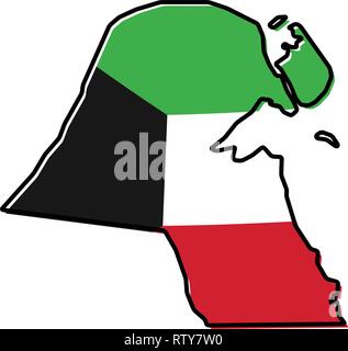 Mappa semplificata del Kuwait del contorno con leggermente piegate bandiera al di sotto di esso. Illustrazione Vettoriale