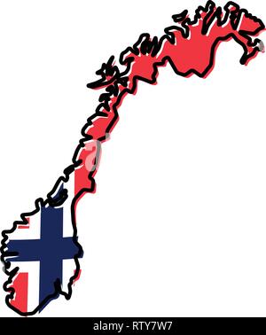 Mappa semplificata di Norvegia del contorno con leggermente piegate bandiera al di sotto di esso. Illustrazione Vettoriale