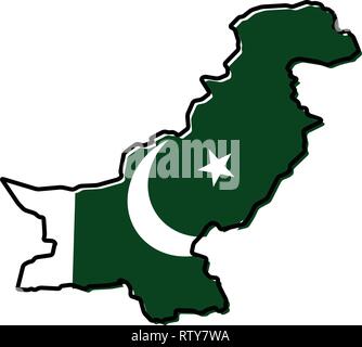 Mappa semplificata del Pakistan del contorno con leggermente piegate bandiera al di sotto di esso. Illustrazione Vettoriale