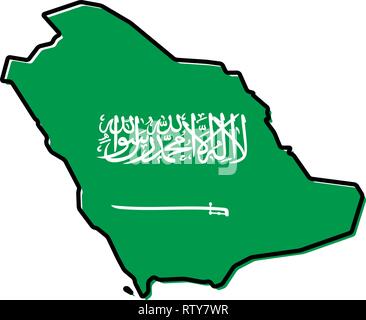 Mappa semplificata - Regno di Arabia Saudita (KSA) del contorno con leggermente piegate bandiera al di sotto di esso. Illustrazione Vettoriale