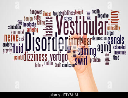 Disturbo vestibolare word cloud e la mano con il concetto di marcatore su sfondo bianco. Foto Stock