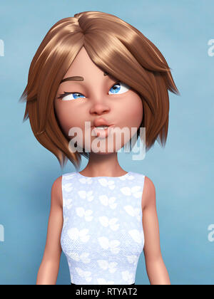 3D rendering di un cartoon mom o donna facendo una buffa faccia smorfie e. Sfondo blu. Foto Stock