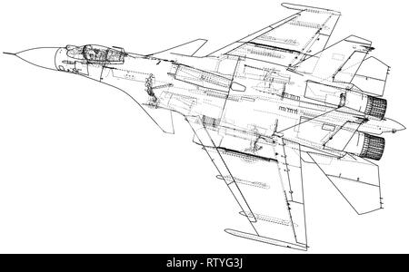 Il russo jet fighter aircraft. Filo di vettore-concetto di frame. Creato illustrazione del 3d Illustrazione Vettoriale