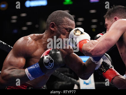 Brooklyn, New York, Stati Uniti d'America. 3 Mar, 2019. ERISLANDY LARA (rosso, bianco e blu) trunk battaglie BRIAN CARLOS CASTANO in una WBA Super Welterweight Championship bout presso la Barclays Center di Brooklyn, New York. La lotta si è conclusa in una frazione di disegnare. Credito: Joel Plummer/ZUMA filo/Alamy Live News Foto Stock