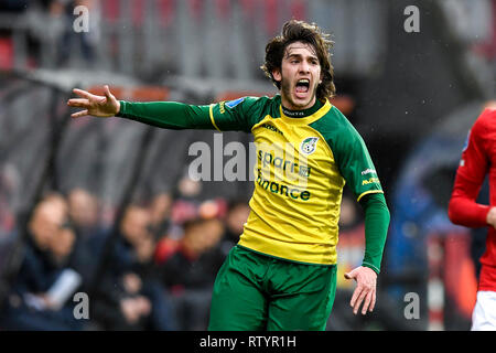 Alkmaar, Paesi Bassi. 03 Mar, 2019. ALKMAAR, 03-03-2019, Stadio AZ Alkmaar , olandese Eredivisie . AZ - Fortuna Sittard , Fortuna Sittard giocatore Andrija Balic sconsolato durante il gioco AZ - Fortuna Sittard .. Credito: Pro scatti/Alamy Live News Foto Stock
