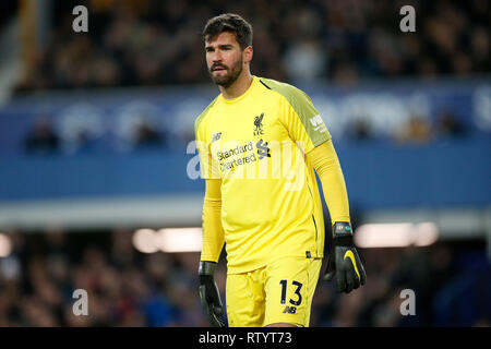 Liverpool, Regno Unito. 3 Marzo, 2019. Liverpool, Regno Unito. 03 Mar, 2019. Solo uso editoriale. Alisson Becker di Liverpool durante il match di Premier League tra Everton e Liverpool a Goodison Park il 3 marzo 2019 a Liverpool, in Inghilterra. (Foto di Daniel Chesterton/) Credit: Immagini di PHC/Alamy Live News Foto Stock