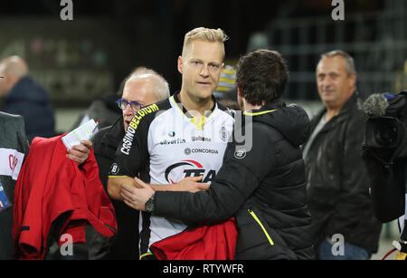 Lokeren, Belgio. 03 Mar, 2019. LOKEREN, Belgio - MARZO 03: Olivier Deschacht di Lokeren guarda sconsolato durante la Jupiler Pro League Match Day 28 tra Sporting Lokeren e RSC Anderlecht su Marzo 03, 2019 in Lokeren, Belgio. (Foto di Vincent Van Doornick/Isosport) Credito: Pro scatti/Alamy Live News Foto Stock