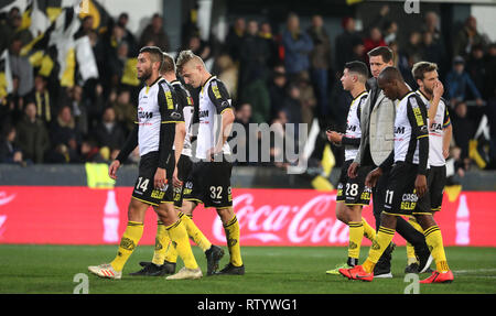 Lokeren, Belgio. 03 Mar, 2019. LOKEREN, Belgio - MARZO 03: i giocatori di Lokeren sguardo sconsolato durante la Jupiler Pro League Match Day 28 tra Sporting Lokeren e RSC Anderlecht su Marzo 03, 2019 in Lokeren, Belgio. (Foto di Vincent Van Doornick/Isosport) Credito: Pro scatti/Alamy Live News Foto Stock