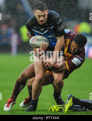 Huddersfield, Regno Unito, 3 3 2019. 03 marzo 2019. John Smiths Stadium, Huddersfield, Inghilterra; Rugby League Betfred Super League, Huddersfield Giants vs Hull FC; Jake Connor affrontata dalla Giordania Turner. Dean Williams Foto Stock