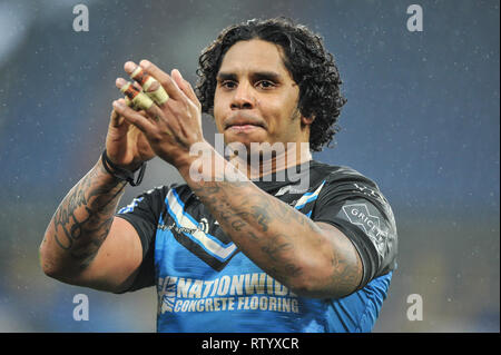 Huddersfield, Regno Unito, 3 3 2019. 03 marzo 2019. John Smiths Stadium, Huddersfield, Inghilterra; Rugby League Betfred Super League, Huddersfield Giants vs Hull FC; Hull FCÕs Albert Kelly tubicini viaggiando supporto. Dean Williams Foto Stock