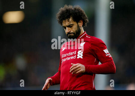 Liverpool, Regno Unito. 3 Marzo, 2019. Mohamed Salah di Liverpool guarda sconsolato durante il match di Premier League tra Everton e Liverpool a Goodison Park il 3 marzo 2019 a Liverpool, in Inghilterra. (Foto di Daniel Chesterton/) Credit: Immagini di PHC/Alamy Live News Foto Stock