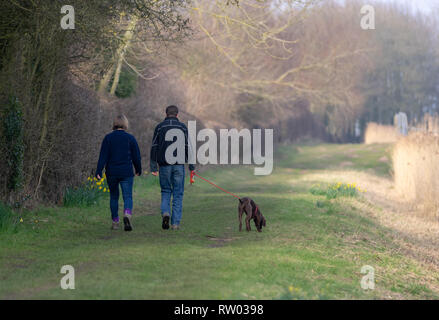 Giovane a piedi un cane lungo la strada alzaia su Pocklington Canal Foto Stock