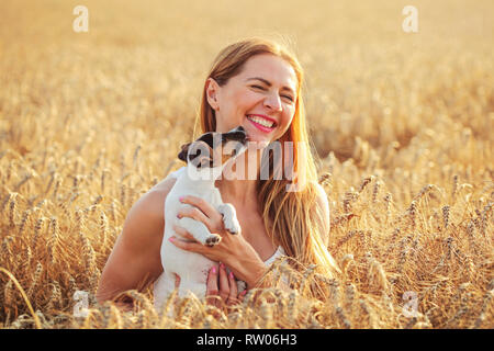 Giovane donna detiene Jack Russell Terrier cucciolo sulle sue mani, ridere, cane è leccare la sua guance e mento, tramonto illuminato Campo di grano in background. Foto Stock