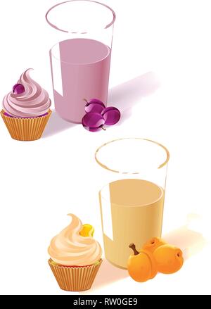 La figura mostra la prugna e albicocca yogurt in un bicchiere, frutta e torta. Fatto isolato su sfondo bianco, su livelli separati. Illustrazione Vettoriale