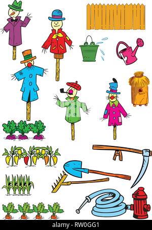 La figura mostra un set di strumenti e oggetti per il giardino e kailyard. Illustrazione fatta in stile cartoon, su livelli separati, isolata su una w Illustrazione Vettoriale