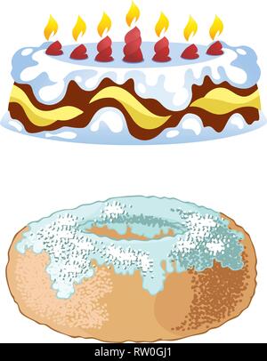 La figura mostra una torta con candele e con un dolce a ciambella su livelli separati. Illustrazione Vettoriale