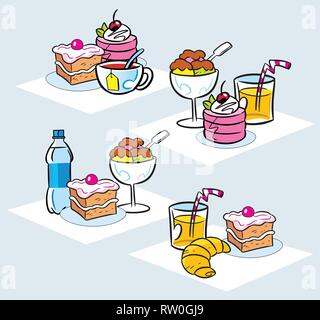 La figura mostra alcuni tipi di torte, dessert, gelati e bevande. Illustrazione fatta in stile cartoon, su livelli separati. Illustrazione Vettoriale