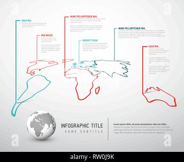 Mondo di luce sottile linea mappa modello infografico con puntatore segna - rosso e teal versione Illustrazione Vettoriale