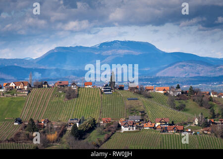 Vista dal villaggio Langegg oltre la Terra dello Schilcher Stainz Weinstrasse vite rotta con vigneti e case coloniche a Schoeckl montagna vicino a Graz in Stiria, Au Foto Stock