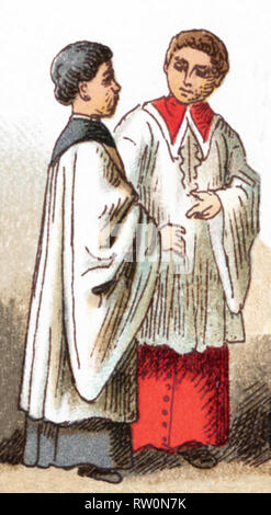 Le illustrazioni riportate di seguito mostrano costumesof ecclesiastica due Ministrants o chierichetti nel XV secolo. L'illustrazione risale al 1882. Foto Stock