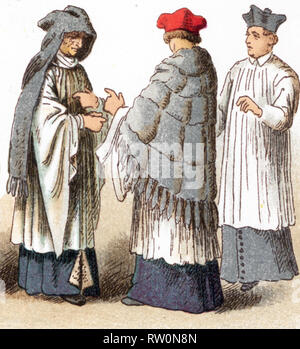 Le illustrazioni riportate di seguito mostrano i costumi ecclesiastici di un canonico indossando un fronte e amess nel xv secolo, una Canon nel XVII secolo e un sacerdote che indossa un fronte e soutanne. L'illustrazione risale al 1882. Foto Stock