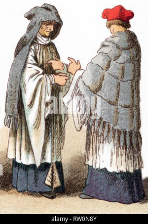 Le illustrazioni riportate di seguito mostrano i costumi ecclesiastici di un canonico indossando un fronte e amess nel XV secolo e una Canon nel XVII secolo. L'illustrazione risale al 1882. Foto Stock