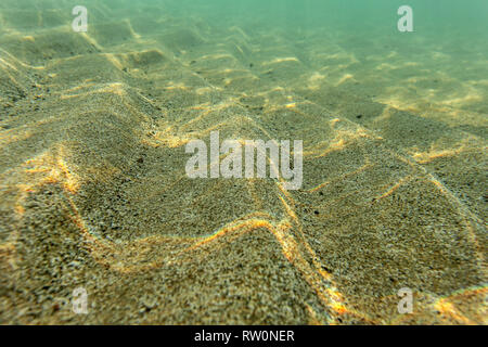 Mare poco profondo e fondo, sabbia 'dunes' illuminata da sun. Abstract sfondo marino. Foto Stock