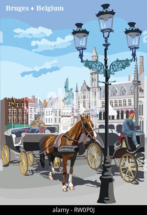 Vista sul Grote Markt Square nella città medievale di Bruges, Belgio. Punto di riferimento del Belgio. Cavalli, carri e lanterne sulla piazza del mercato di Bruges. Colorata Illustrazione Vettoriale