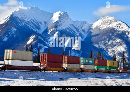 Un treno nazionale canadese che trasporta un carico di automobili del contenitore attraverso la montagna rocciosa innevata di Alberta Canada. Foto Stock