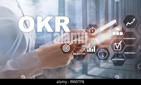 OKR - obiettivo risultato fondamentale concetto. Mixed media su un virtuale schermo strutturato. Gestione di progetto. Foto Stock
