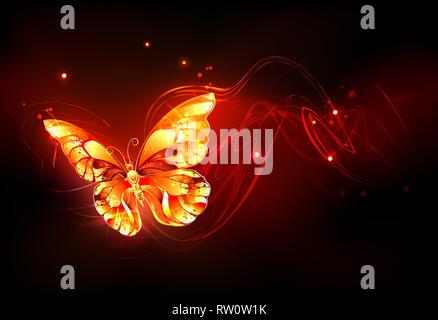 Flying spumanti fiery fire butterfly su sfondo nero. Illustrazione Vettoriale