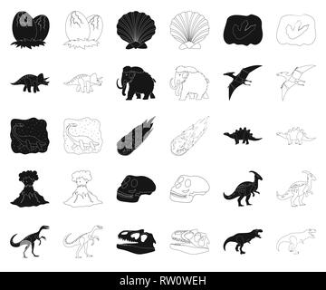 L'età,animale,antichità,l'arte,Black,contorno,raccolta,design,dinosauro,dinosauri,l'uovo,eruzione,l'estinto,fiamma,footprint,fossili,gallimimus,erbivoro,uomo,icona,immagine,isolato,jurassic,logo,mammifero,mammoth,meteorite,parasaurolophus,periodo,impianto,preistoria,pterodactyloidea,rimane,rock,mare,seashell,impostare,segno,stegosaurus,pietra,il simbolo,triceratops,tirannosauro,vettore,vulcano,web vettori vettore , Illustrazione Vettoriale
