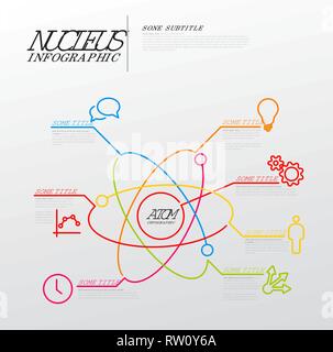 Infografico vettore modello di rapporto realizzato da linee e icone - atom con nucleo atomico Illustrazione Vettoriale