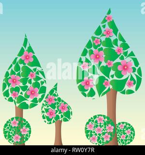 Primavera o estate sfondo con prato con alberi e fiori, illustrazione vettoriale Illustrazione Vettoriale