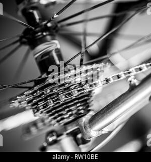 Frammento di un telaio e parti di una bici da corsa. Il telaio è realizzato in titanio e vi sono numerosi dettagli da vedere; qui è la ruota con raggi e , Foto Stock