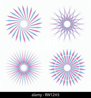 Set di circolare astratto forme geometriche. Geometria Sacra. Sunburst, forme starburst. Gli elementi di design. Radiale, la fusione di linee. Simboli stella. Round lo Illustrazione Vettoriale