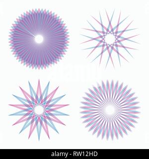 Set di circolare astratto forme geometriche. Geometria Sacra. Sunburst, forme starburst. Gli elementi di design. Radiale, la fusione di linee. Simboli stella. Round lo Illustrazione Vettoriale