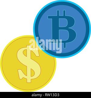 Un disegno piatto di bitcoin. Scambio di bitcoin al dollaro. Finanza digitale. Isolato, bianco. Vettore Illustrazione Vettoriale